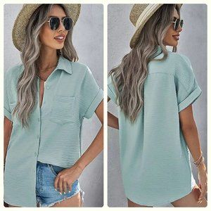 ALL WEEK LONG PALE TURQUOISE BUTTON UP SHORT SLEEVE TOP